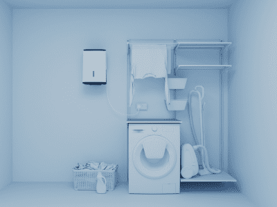 Meaco Arete One dehumidifier on the wall in a utility room.